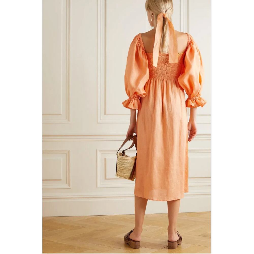 Sleeper smocked linen atlanta midi dress coral - Picture 3 of 5